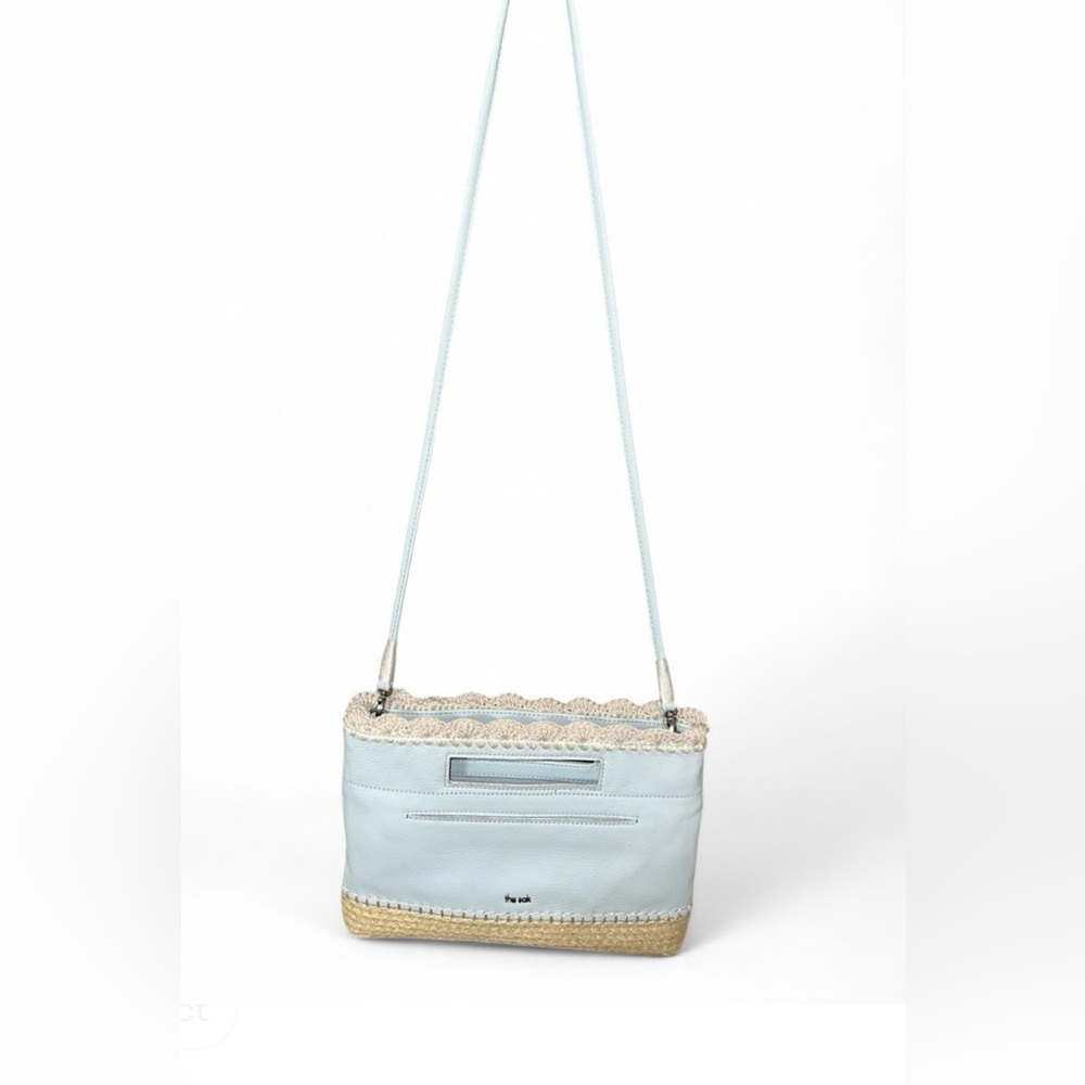 The Sak Linden Leather Crossbody Clutch Light Blue Woven Trim New Without Tags